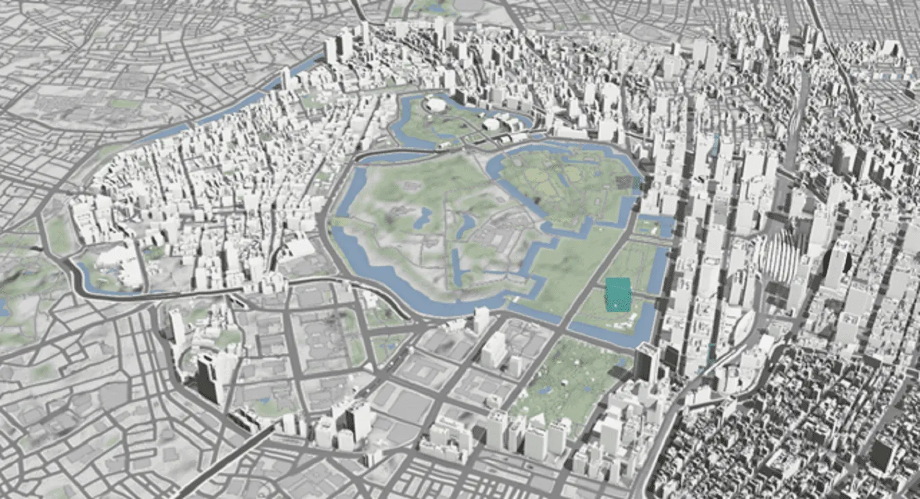 千代田区全域の3D都市モデル。皇居周辺の緑地と市街地の俯瞰ビュー